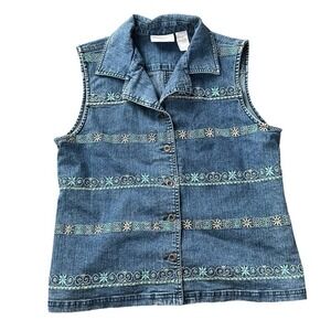 Alfred‎ Dunner Vest Women 8 Blue Denim Button Up Embroidered Boho Hippie Western